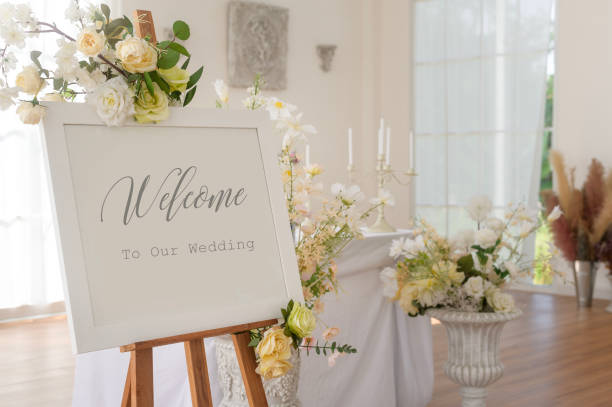 istock Welcome to wedding sign and reception table decorated with flowers 1900024332