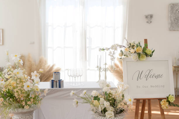 istock Welcome to wedding sign and reception table decorated with flowers 1900025095