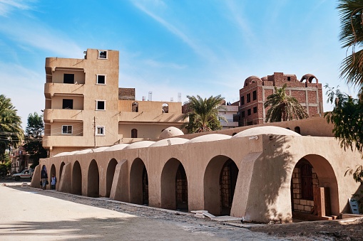 Luxor, Egypt - December 26 2023: New Gourna Village market arcades designed by Hassan Fathy