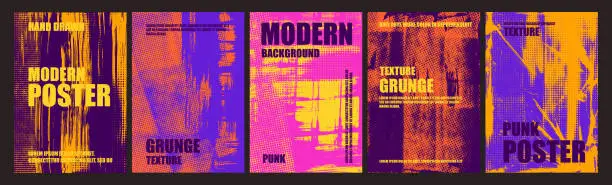 Vector illustration of Pink and purple halftone textures with yellow grunge strokes. Vector grunge overlay posters with typography.