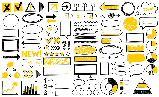 Hand drawn design elements. Vector frames, speech bubbles, charts, arrows and different shapes.