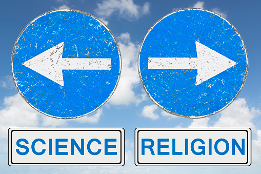 Religion versus Science concept with text and arrows against a cloudy sky
