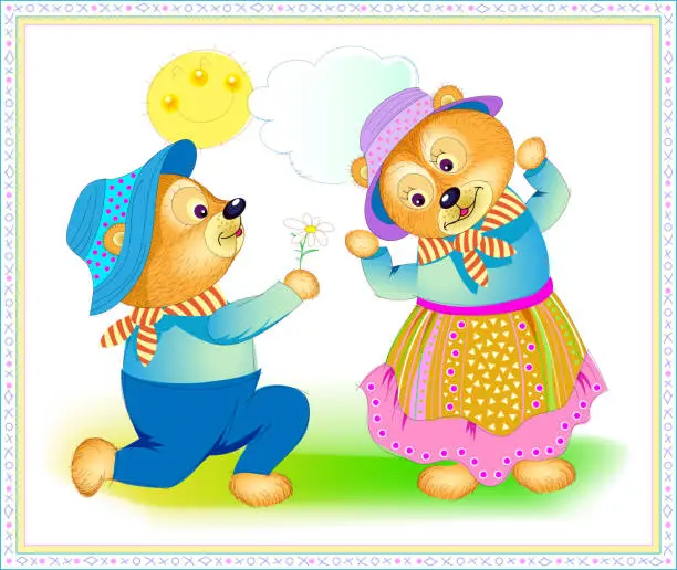 Vector illustration of Fantasy illustration of cute little bear giving a flower to sweetheart. Greeting card for Valentine day. Hand-drawn vector cartoon image.