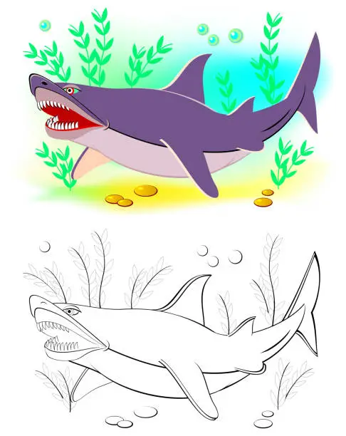 Vector illustration of Fantasy illustration of cute shark. Colorful and black and white page for coloring book. Printable worksheet for children and adults. Vector cartoon image.