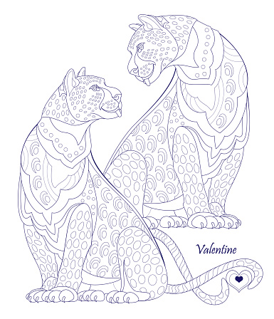 Black and white page for coloring book. Fantasy drawing of couple beautiful leopards. Saint Valentine Day greeting card. Pattern for print and embroidery. Worksheet for children and adults. Vector image.