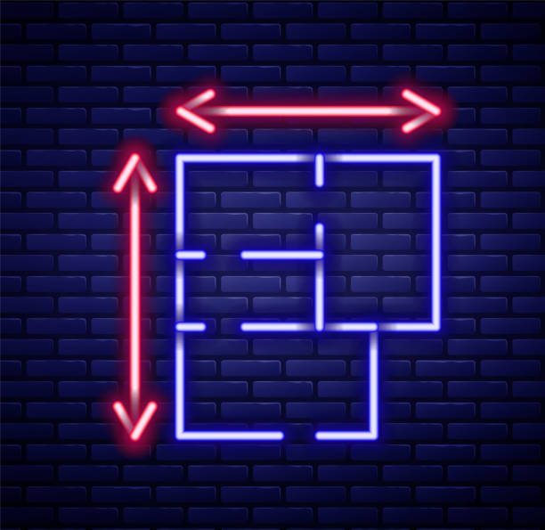 istock Glowing neon line House plan icon isolated on brick wall background. Colorful outline concept. Vector 1900141504