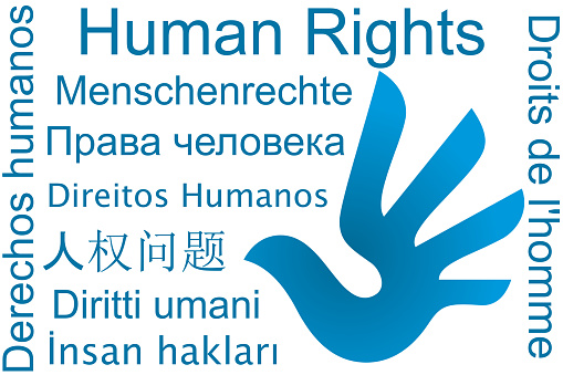 Graphic on Human Rights: Public domain human rights logo and the word human rights in different languages
