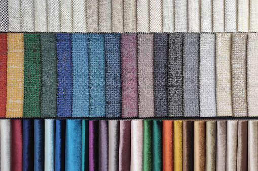 Colorful upholstery fabric samples in different colors