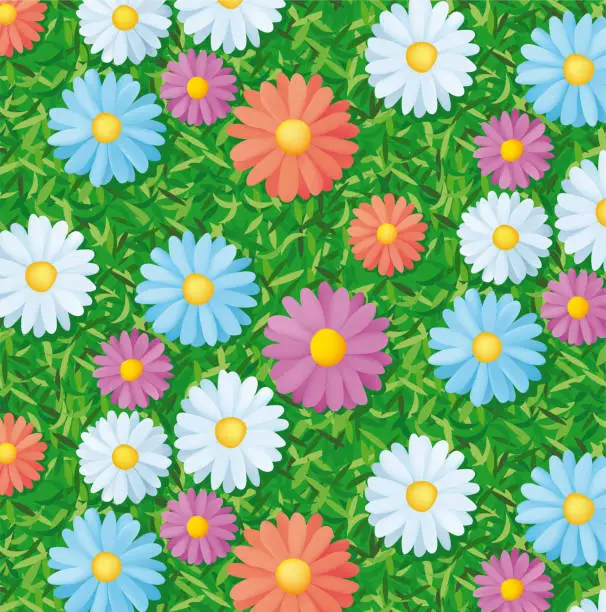 Vector illustration of Field background full of flowers, repetitive pattern, vector illustration