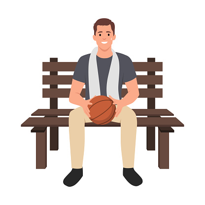 Mature heavyset basketball player sitting on bench with towel around his neck. Flat vector illustration isolated on white background