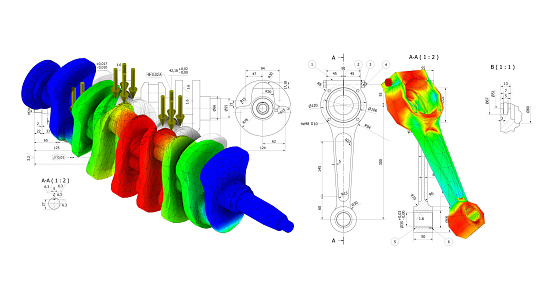 finite element method, FEM, and technical drawing crankshaft, testing fatigue and stress in the material