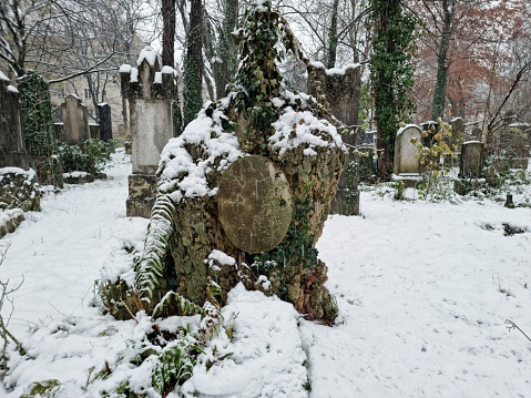 The Alter Südfriedhof (Old South Cemetery) is a cemetery in Munich, Germany. It was founded by Duke Albrecht V as a plague cemetery in 1563. The image shows several graves captured during a snowy day in winter season.