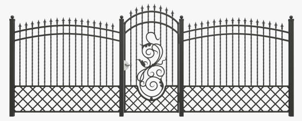 istock Decorative forded fence with poles and a gate. Wrought iron fence. 3D render. 1900208128