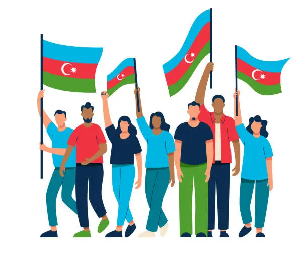 Vector illustration of People are carrying flags of Azerbaijan, the people are on strike and chanting. Anarchy and revolution. The parade of voters