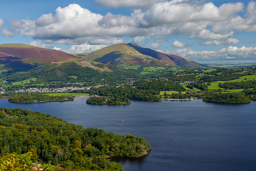 View of Keswick and Derwent Water from the descent of Catbells in the Lake District of Cumbria, England.