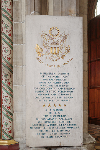 Orleans, France - August 10, 2023: Memorial plaque in the cathedral in Orleans dedicated to half a million fallen American soldiers during the two wars