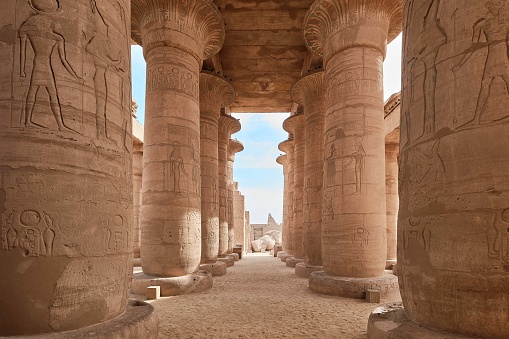 Luxor, Egypt - December 2023: The Ramesseum is the memorial temple or mortuary temple of Pharaoh Ramesses II. It is located in the Theban necropolis