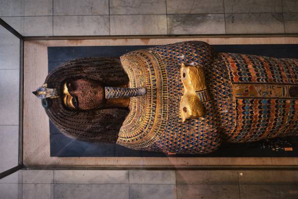 nahaufnahme eines goldenen echnaton-sargdeckels aus der 18. dynastie im ägyptischen museum, kairo, ägypten - egyptian dynasty stock-fotos und bilder