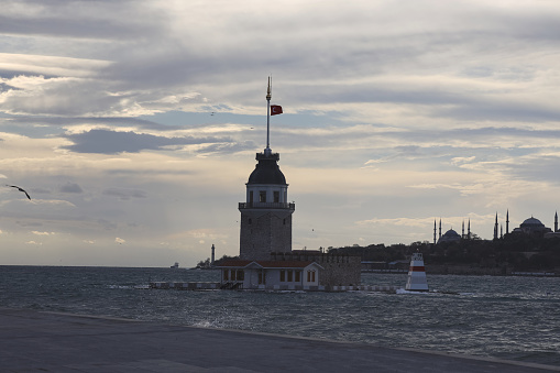 25-11-2023 Istanbul-Turkey: Maiden's Tower View in Wavy Cold Weather
