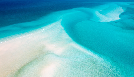 Topdown aerial photograph of Hill Inlet at Whitsunday Island that reveals abstract patterns of sand and water