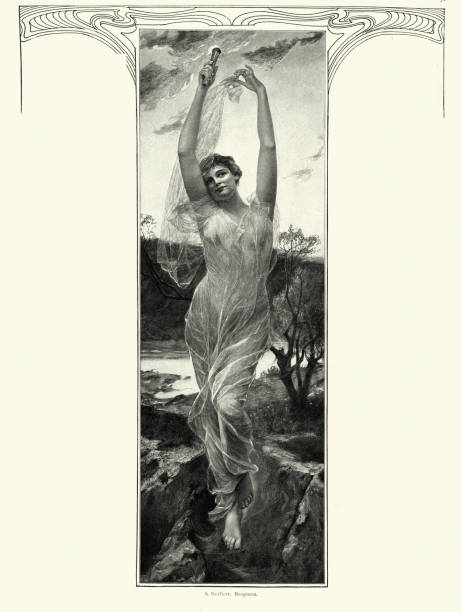 istock Dawn, represented as a young woman wearing transparent veil, Art 1900373415