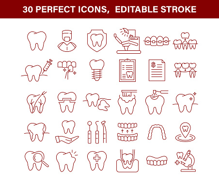 implant, braces, dentist, toothache, aligners, veneers, tooth outline pictogram for stomatology clinic, 30 Dental Icons