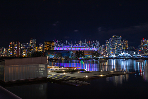 Vancouver, CANADA - Dec 31 2023 : Photo of BC Place Stadium and False Creek on New Year's Eve.
Vibrant lights and lights celebrating the year 2024 and beautiful night view