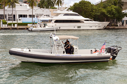 Fort Lauderdale, Florida, USA - 2 December 2023: Police patrol boat in the city's harbour.
