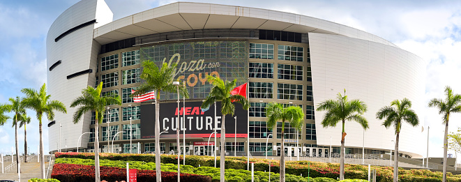 Miami, Florida, USA - 1 December 2023: Front exterior panoramic view of the multi purpose Kaseya Arena on Biscayne Bay Boulevard in downtown Miami