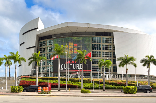 Miami, Florida, USA - 1 December 2023: Front exterior view of the multi purpose Kaseya Arena on Biscayne Bay Boulevard in downtown Miami