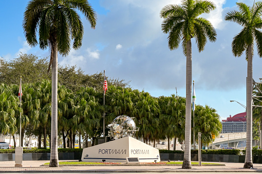 Miami, Florida, USA - 1 December 2023: Sign outside the entrance to the port in the city of Miami