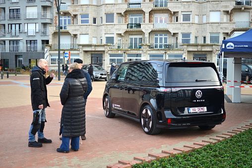 Blankenberge, West-Flanders, Belgium - December 30, 2023: ID Buzz the new full electric car from German constructor exposed on the pier square from dealer in Bruges