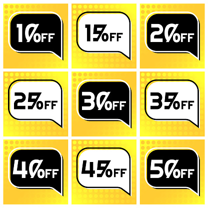 Numbers Discounts Set - Black and White Speech Bubble Label in Square Shaped Image of 10%, 15%, 20%, 25%, 30%, 35%, 40%, 45% and 50% off. Orange and Yellow Background