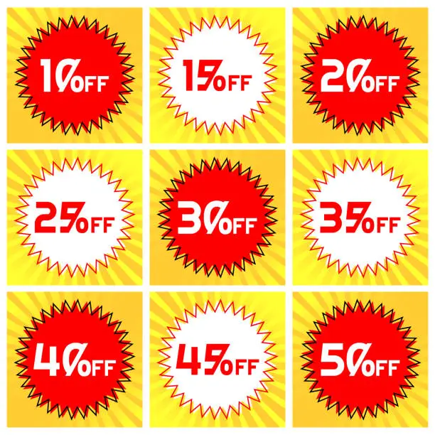 Vector illustration of Numbers Discounts Set - Starburst Stamp Label in Square Shaped Image of 10%, 15%, 20%, 25%, 30%, 35%, 40%, 45% and 50% off.