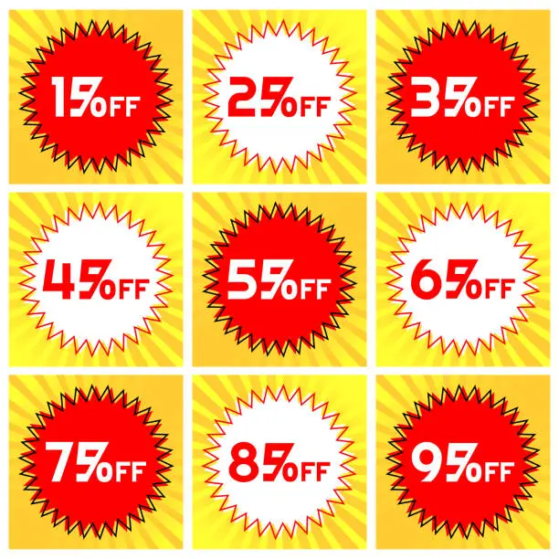 Vector illustration of Numbers Discounts Set - Starburst Stamp Label in Square Shaped Image of 15%, 25%, 35%, 45%, 55%, 65%, 75%, 85% and 95% off.
