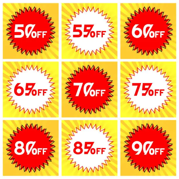 Vector illustration of Numbers Discounts Set - Starburst Stamp Label in Square Shaped Image of 50%, 55%, 60%, 65%, 70%, 75%, 80%, 85% and 90% off.