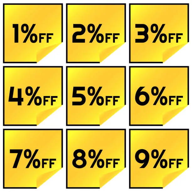 Vector illustration of Numbers Discounts Set - Sticker Label with transparent tip in Square Shaped Image of 1%, 2%, 3%, 4%, 5%, 6%, 7%, 8% and 9% off.