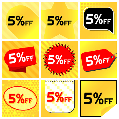 5% Discount Labels Set, 9 Variations - Ball Star in Stripes, Speech Bubble, Coupon, Starburst Stamp, Price Tag, Oval, Calendar, Sticker. Yellow Orange Background