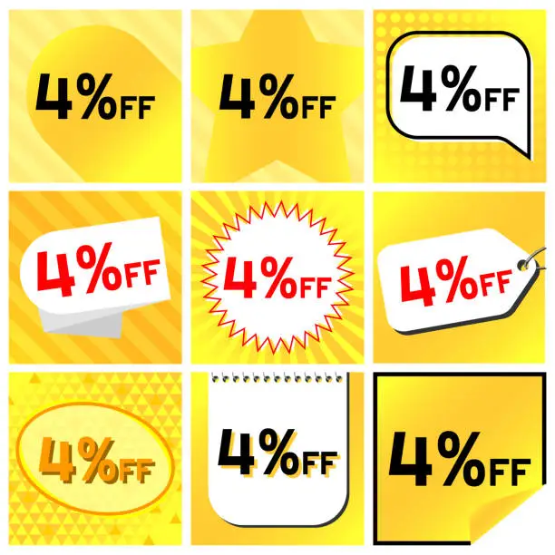 Vector illustration of 4% Discount Labels Set, 9 Variations - Ball Star in Stripes, Speech Bubble, Coupon, Starburst Stamp, Price Tag, Oval, Calendar, Sticker.