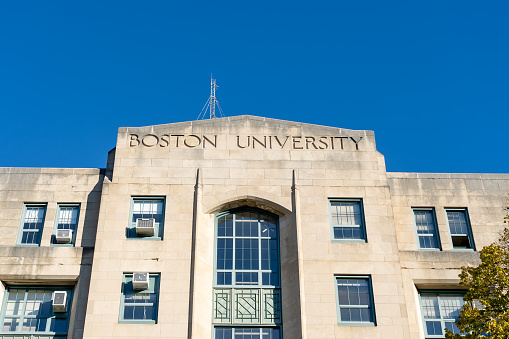 Boston University sign on the building in Boston, MA, USA, on November 11, 2023. Boston University is a private research university founded in 1839.