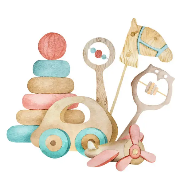 Vector illustration of Watercolor wooden toys for infant baby