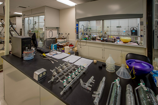 Biology laboratory with ventilation hood.