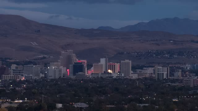Reno Nevada Cityscape with Hotels, Casinos and the downtown district,  on an overcast day in winter.