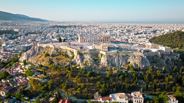 Aerial view of the ancient citadel Acropolis of Athens, historical landmark.