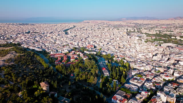 Aerial view of the ancient citadel Acropolis of Athens, historical landmark.