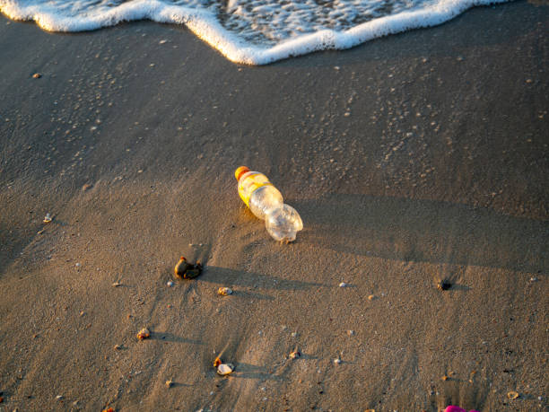 istock Plastic soda bottles on the beach and sea waves 1900722122