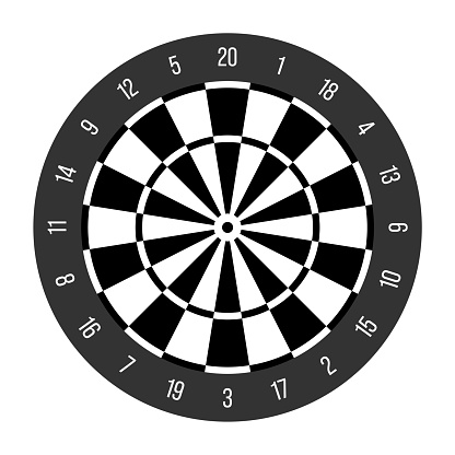 Official dartboard with numbers in 20 radial sections, double rings, triple ring, inner and outer bullseye. Simple flat vector illustration in black and white
