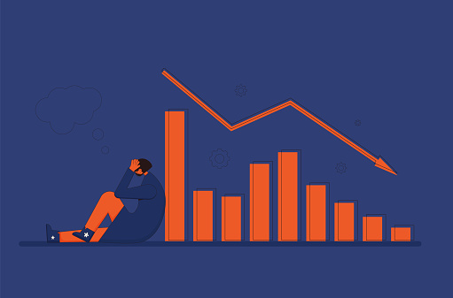 Stock market crash. Investor lost money. Young shareholder sitting on the floor with index graph fall down. The broader market fall. Economic and financial crisis. Vector flat illustration.