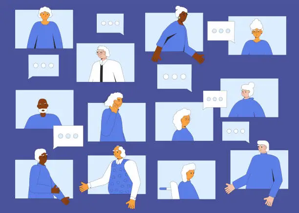 Vector illustration of Retirement online community concept. Elderly people communication. Senior aged men and women talking.