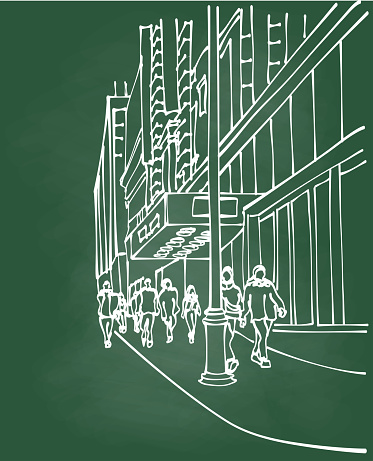 rough sketch of a busy commercial street with store windows and pedestrians waking by